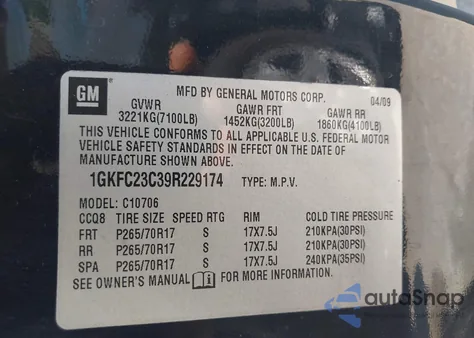 2009 GMC Yukon Sle1 from USA, damaged, VIN 1GKFC23C39R229174